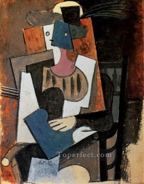 Pablo Picasso Painting - Mujer con sombrero de plumas sentada en un sillón cubista de 1919 Pablo Picasso